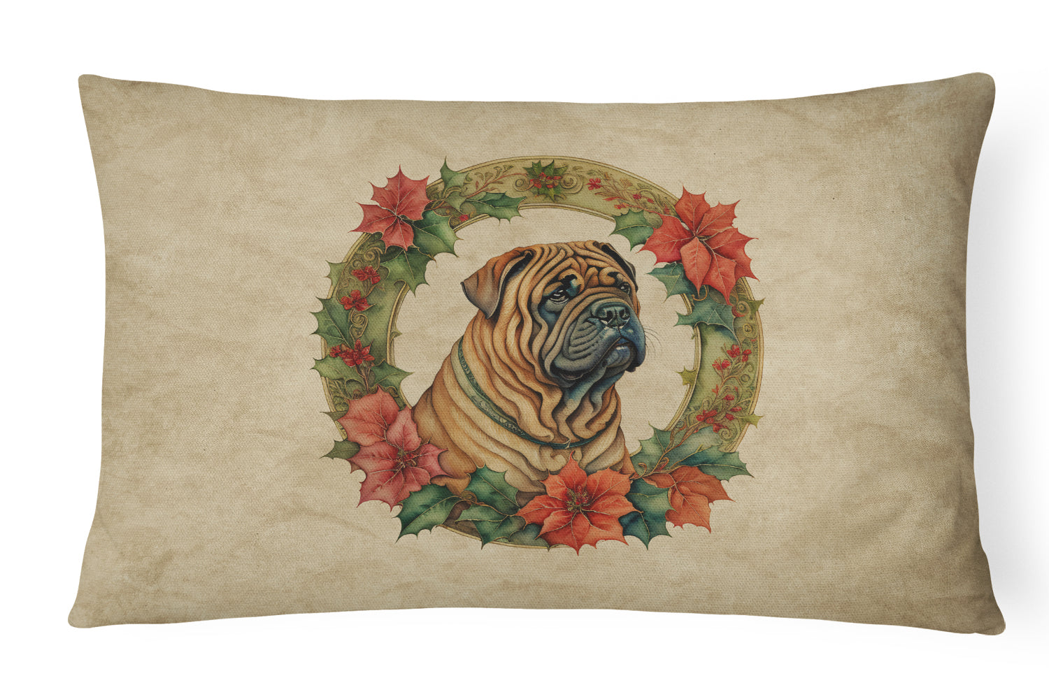 Shar Pei Christmas Flowers Decorative Throw Pillow 12x16 Indoor Outdoor Accent Cushion, Fabric Cover with Insert for Sofa, Bed, Porch & Living Room