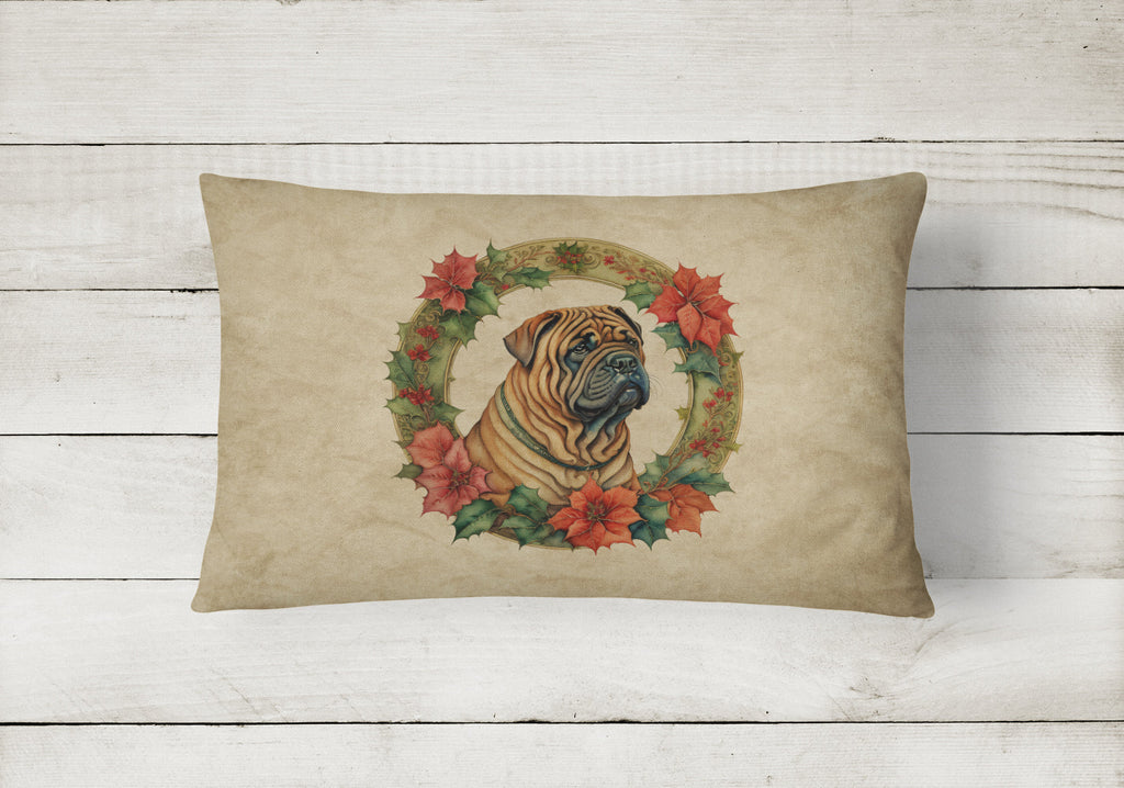 Shar Pei Christmas Flowers Decorative Throw Pillow 12x16 Indoor Outdoor Accent Cushion, Fabric Cover with Insert for Sofa, Bed, Porch & Living Room