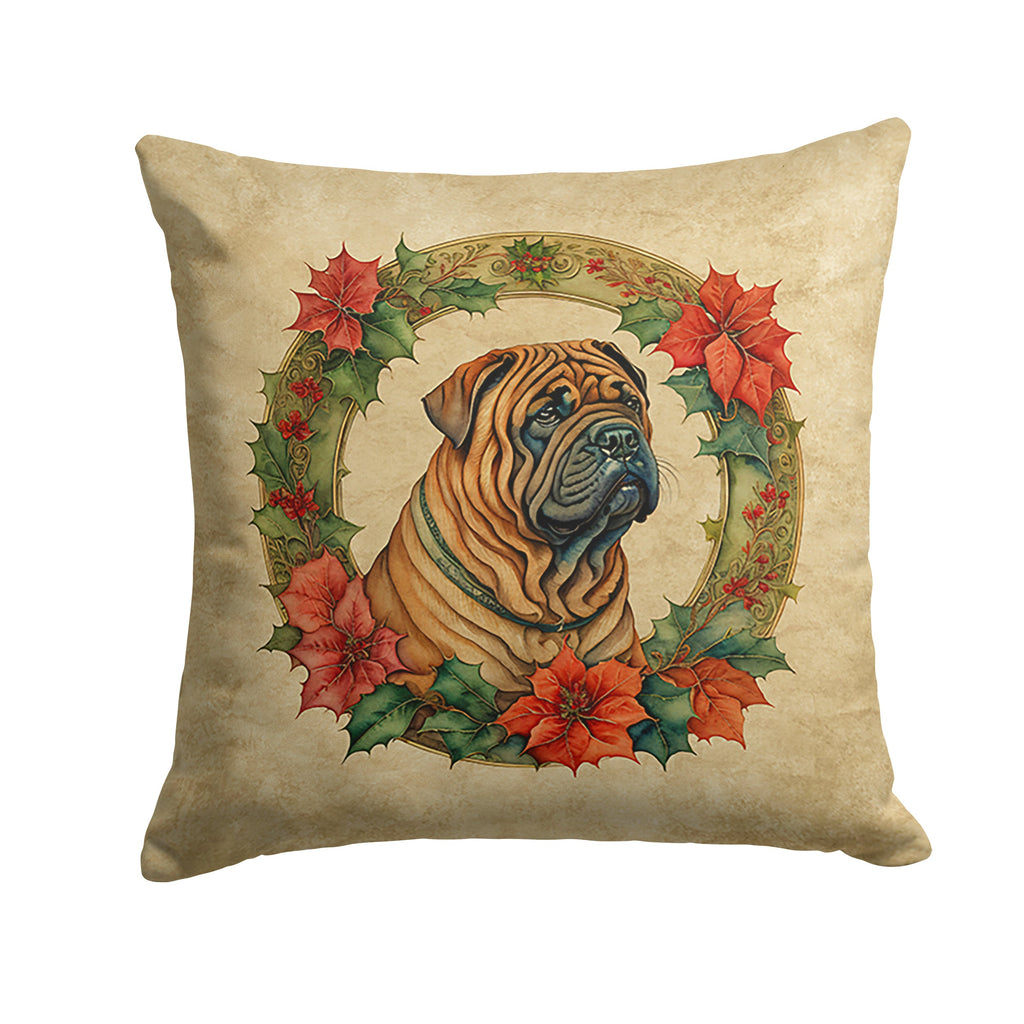 Shar Pei Christmas Flowers Decorative Throw Pillow 14x14 Indoor Outdoor Accent Cushion, Fabric Cover with Insert for Sofa, Bed, Porch & Living Room