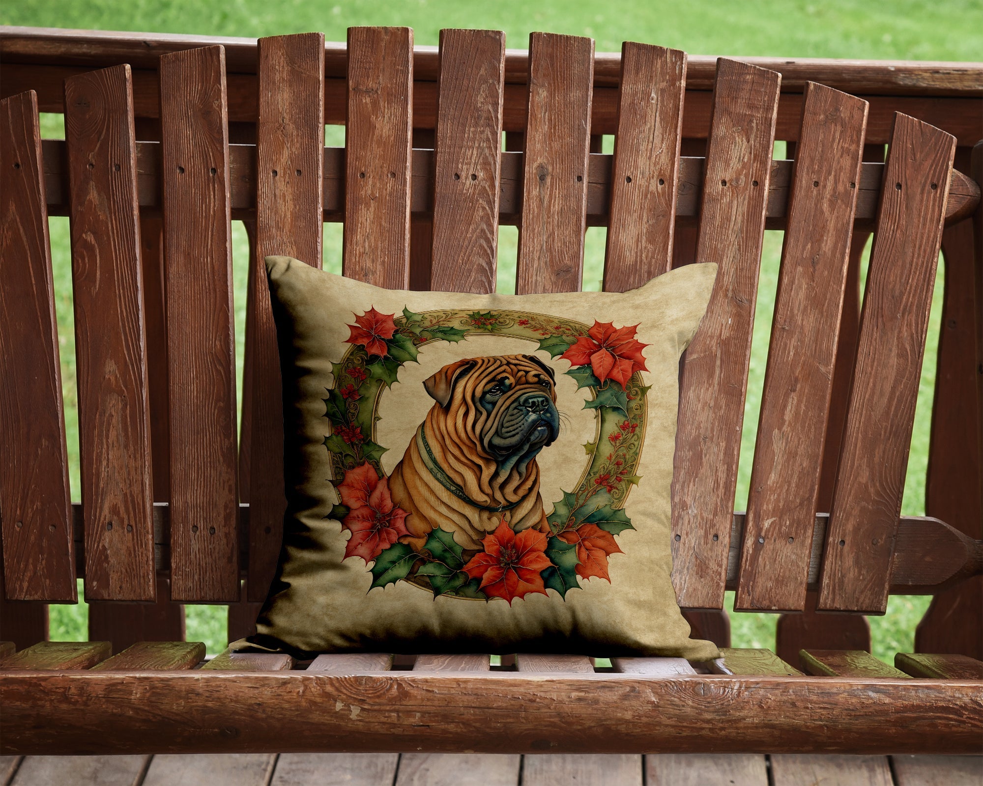 Shar Pei Christmas Flowers Decorative Throw Pillow 14x14 Indoor Outdoor Accent Cushion, Fabric Cover with Insert for Sofa, Bed, Porch & Living Room