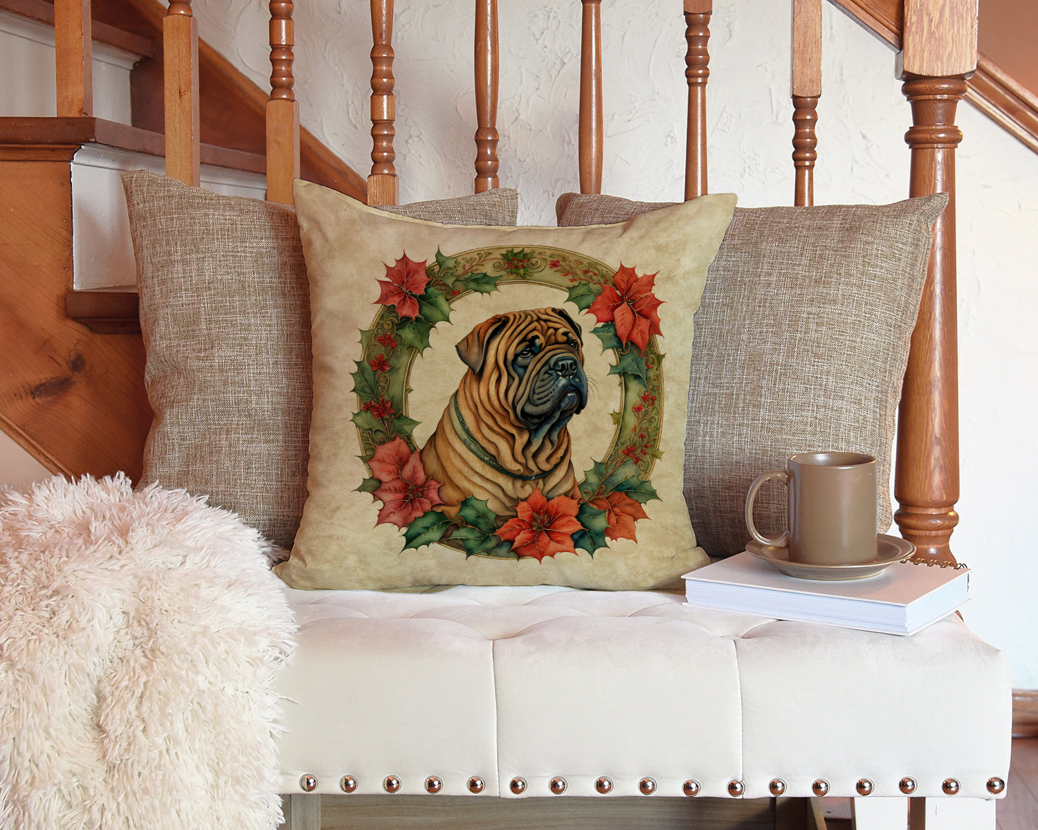 Shar Pei Christmas Flowers Decorative Throw Pillow 14x14 Indoor Outdoor Accent Cushion, Fabric Cover with Insert for Sofa, Bed, Porch & Living Room