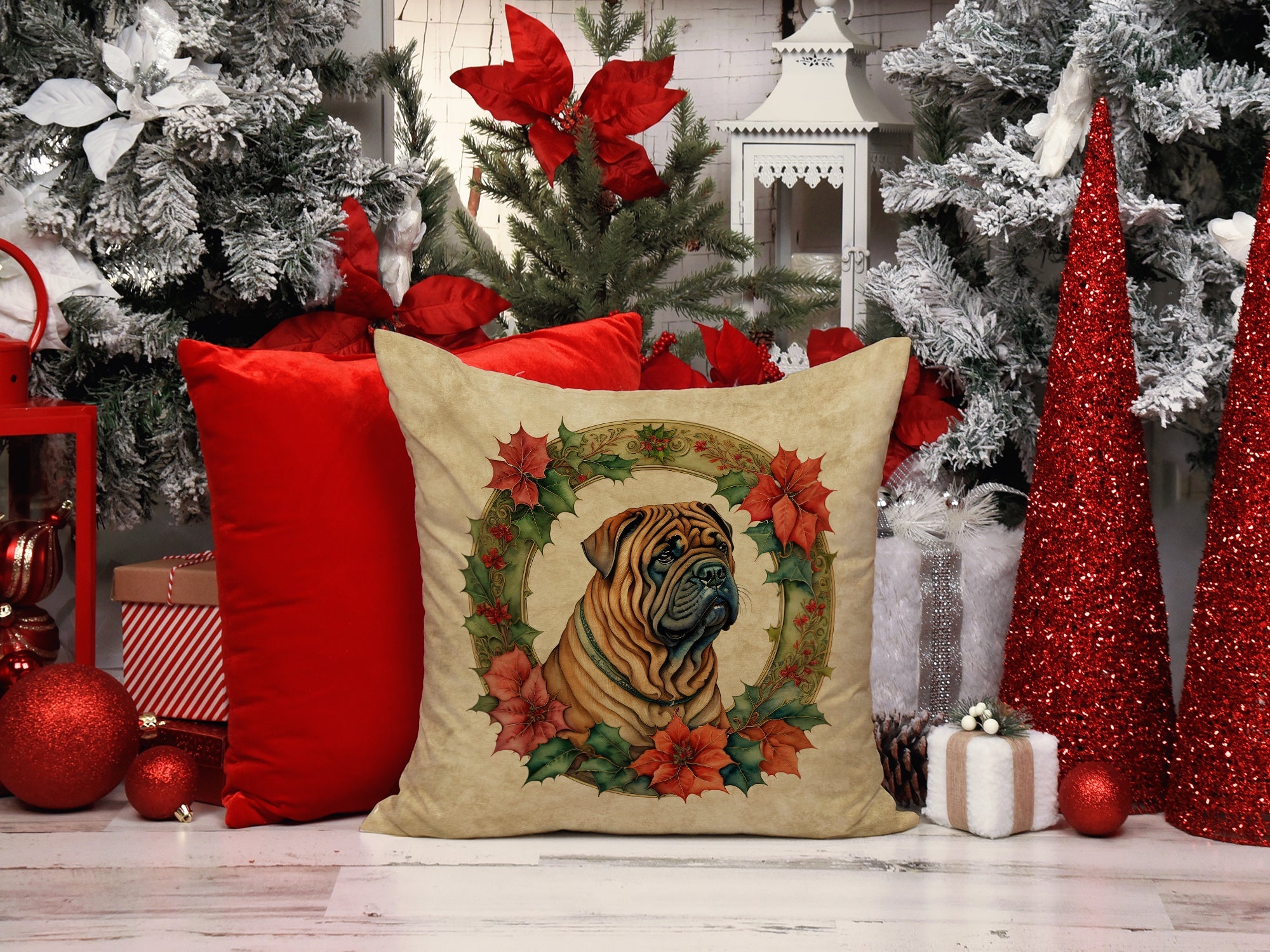 Shar Pei Christmas Flowers Decorative Throw Pillow 18x18 Indoor Outdoor Accent Cushion, Fabric Cover with Insert for Sofa, Bed, Porch & Living Room