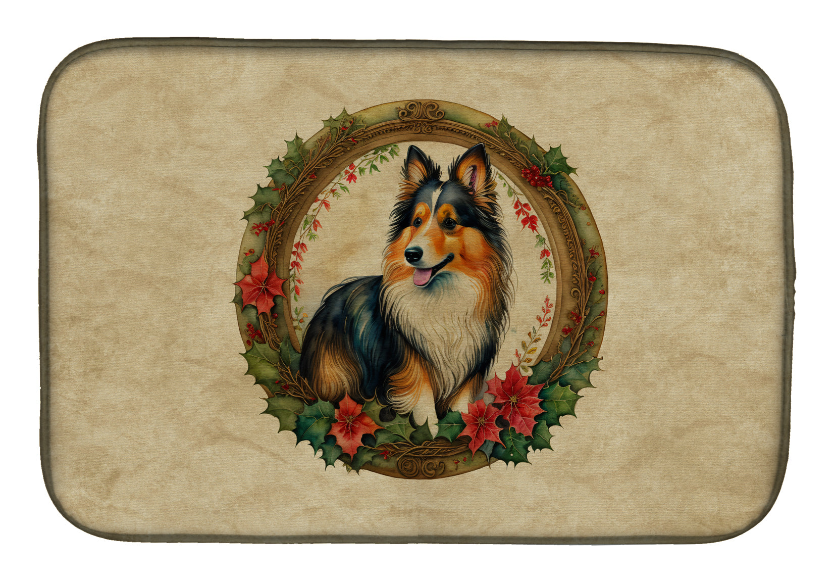 Sheltie Christmas Flowers Dish Drying Mat Absorbent Dish Drying Mat Pad for Kitchen Counter Dish Drainer Mat for Countertop, 14 x 21", Multicolor