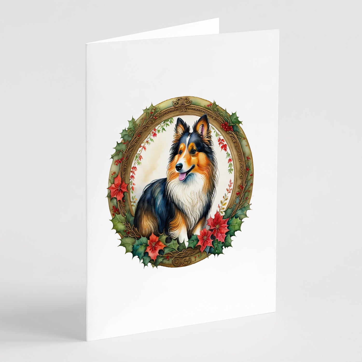 Sheltie Christmas Flowers Greeting Cards Pack of 8 Blank Cards with Envelopes Whimsical A7 Size 5x7