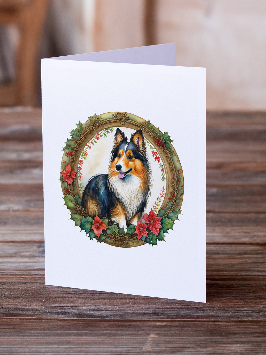 Sheltie Christmas Flowers Greeting Cards Pack of 8 Blank Cards with Envelopes Whimsical A7 Size 5x7