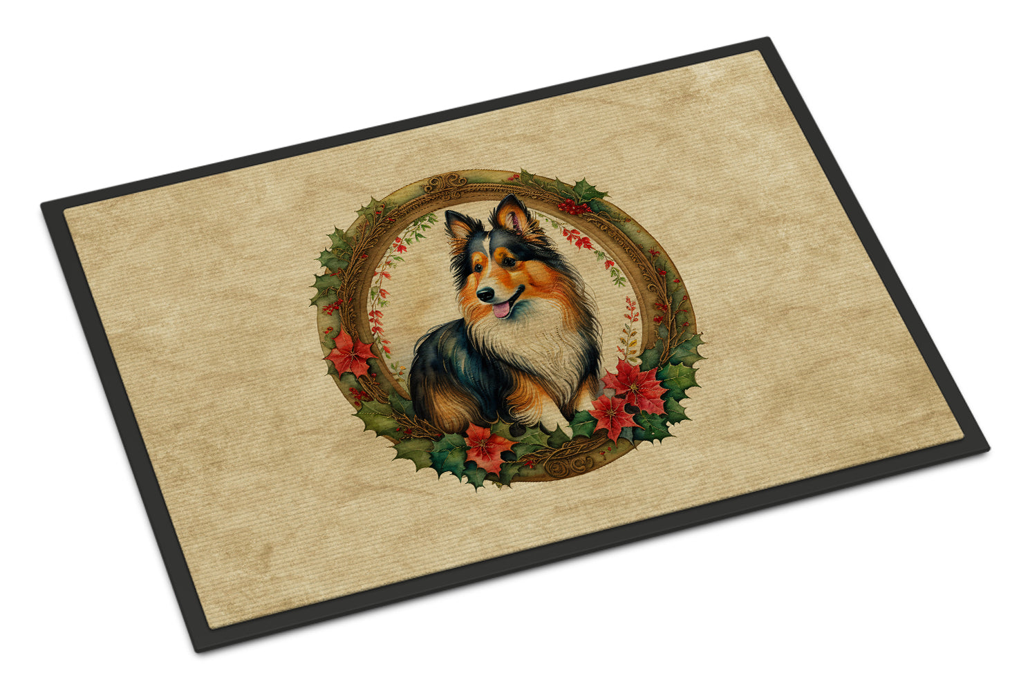 Sheltie Christmas Flowers Doormat Indoor Outdoor 24H X 36W Front Door Mat Rugs for Entryway, Non Slip Washable Low Pile,