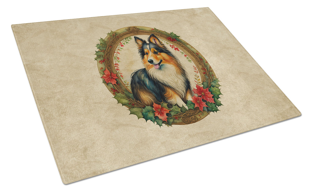 Sheltie Christmas Flowers Cutting Board Tempered Glass Kitchen Cutting Surface, Heat Resistant Chopping, Non-Slip Feet, Food Prep & Serving