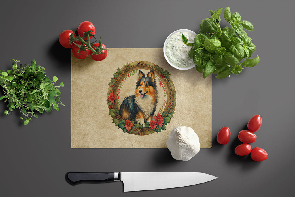 Sheltie Christmas Flowers Cutting Board Tempered Glass Kitchen Cutting Surface, Heat Resistant Chopping, Non-Slip Feet, Food Prep & Serving