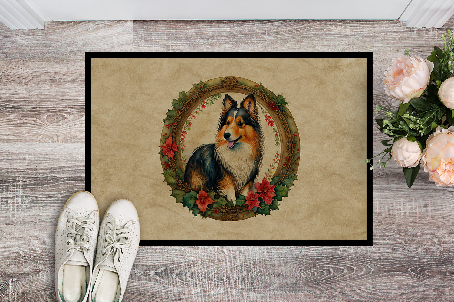 Sheltie Christmas Flowers Doormat Indoor Outdoor 18H X 27W Front Door Mat Rugs for Entryway, Non Slip Washable