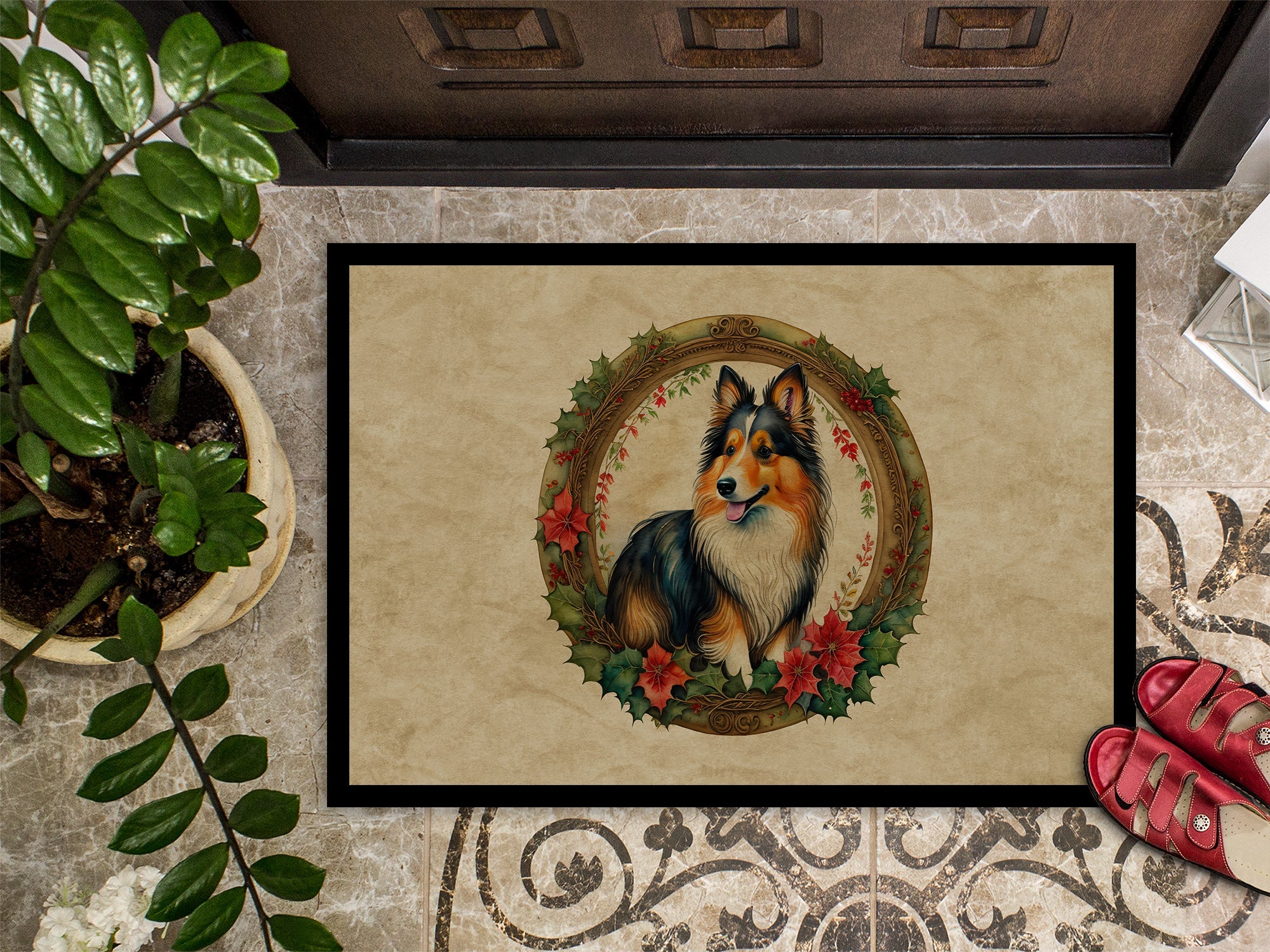 Sheltie Christmas Flowers Doormat Indoor Outdoor 18H X 27W Front Door Mat Rugs for Entryway, Non Slip Washable