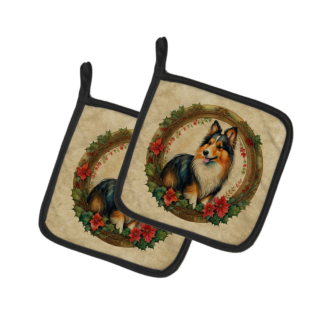 Sheltie Christmas Flowers Pot Holder Set of 2 Heat Resistant Quilted Hot Pads 7.5 x 7.5 Inch, Insulated Kitchen Trivets for Cooking & Baking