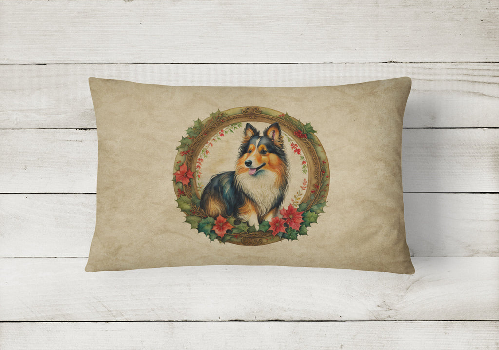Sheltie Christmas Flowers Decorative Throw Pillow 12x16 Indoor Outdoor Accent Cushion, Fabric Cover with Insert for Sofa, Bed, Porch & Living Room