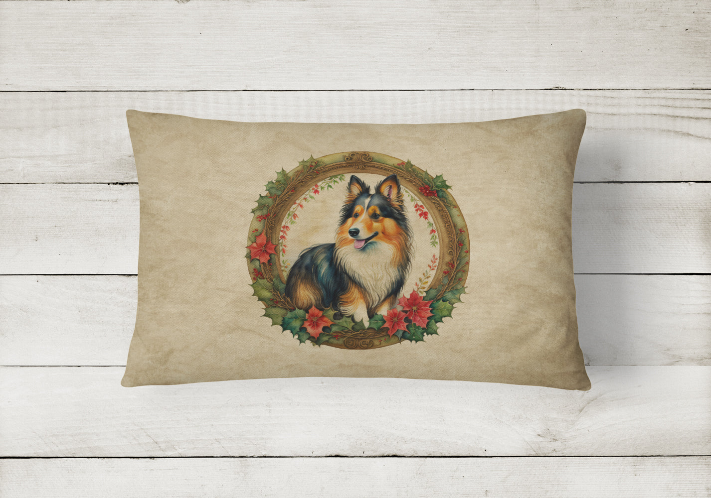 Sheltie Christmas Flowers Decorative Throw Pillow 12x16 Indoor Outdoor Accent Cushion, Fabric Cover with Insert for Sofa, Bed, Porch & Living Room