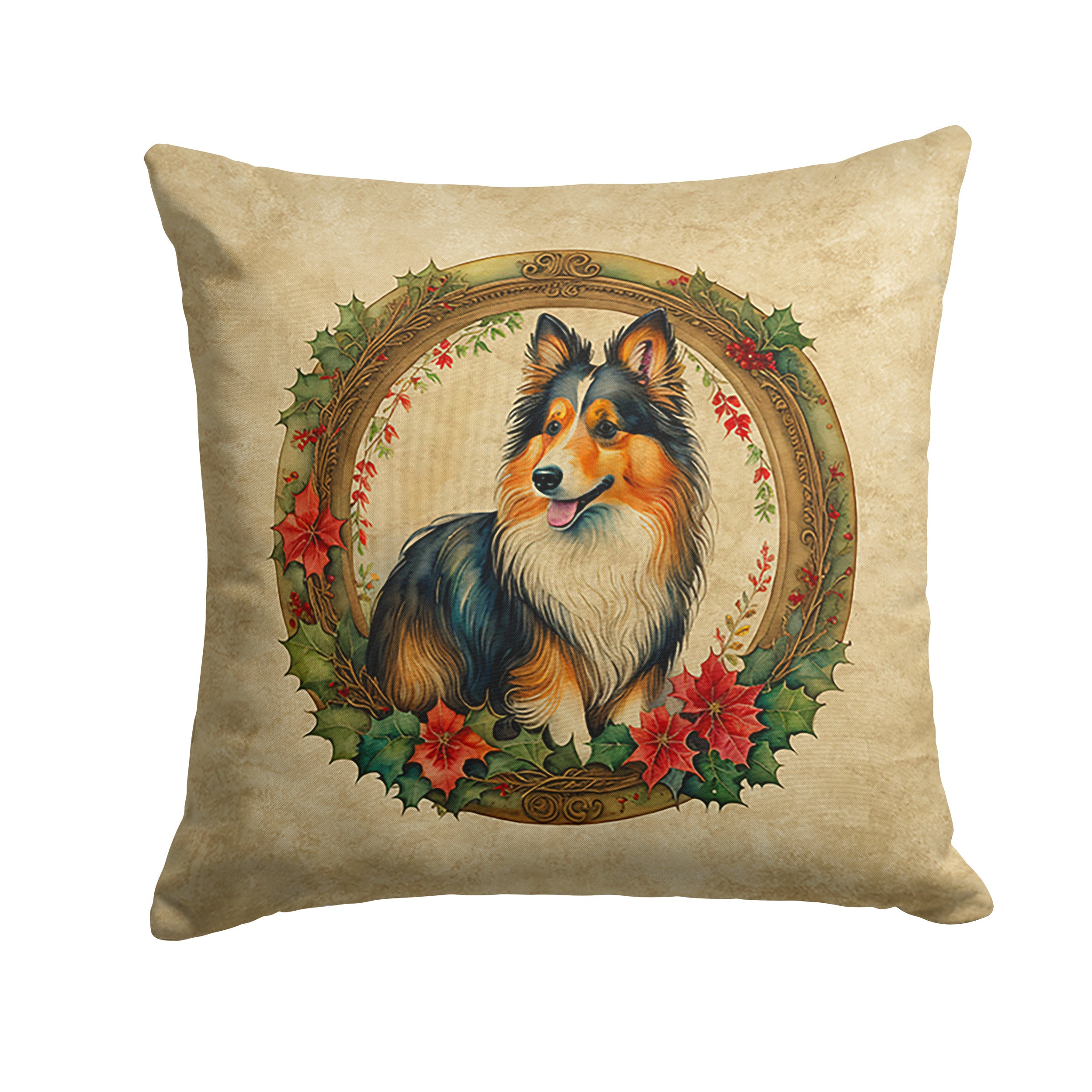 Sheltie Christmas Flowers Decorative Throw Pillow 14x14 Indoor Outdoor Accent Cushion, Fabric Cover with Insert for Sofa, Bed, Porch & Living Room