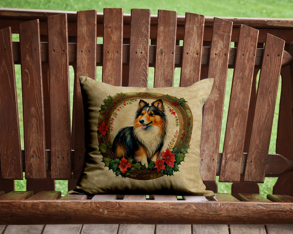 Sheltie Christmas Flowers Decorative Throw Pillow 14x14 Indoor Outdoor Accent Cushion, Fabric Cover with Insert for Sofa, Bed, Porch & Living Room