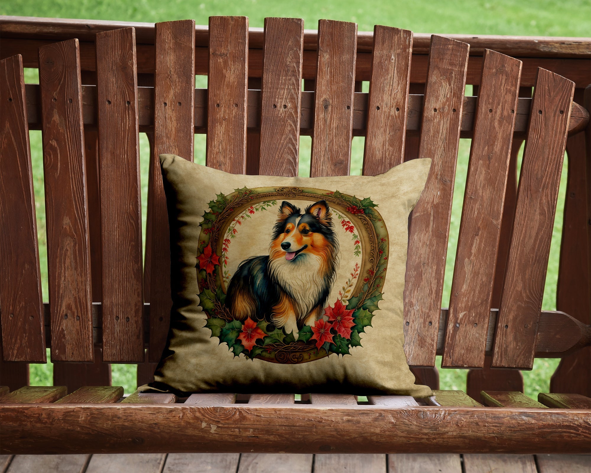 Sheltie Christmas Flowers Decorative Throw Pillow 14x14 Indoor Outdoor Accent Cushion, Fabric Cover with Insert for Sofa, Bed, Porch & Living Room