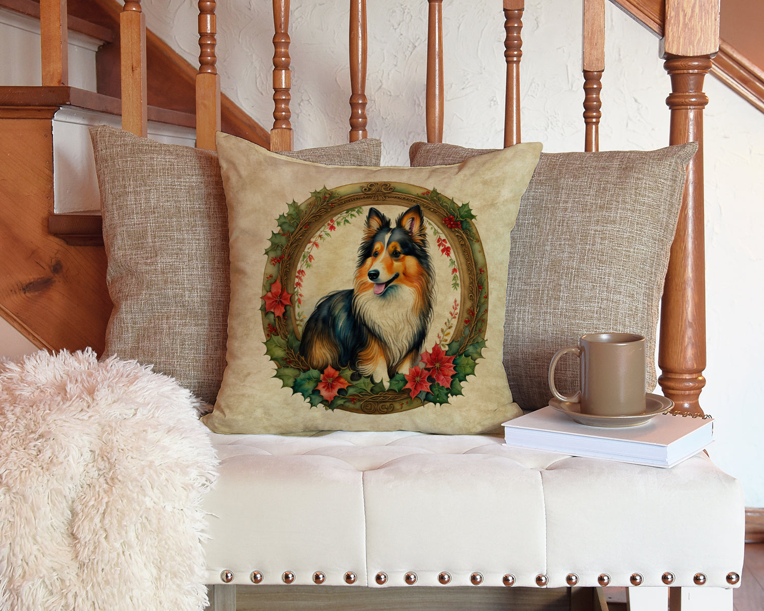 Sheltie Christmas Flowers Decorative Throw Pillow 14x14 Indoor Outdoor Accent Cushion, Fabric Cover with Insert for Sofa, Bed, Porch & Living Room