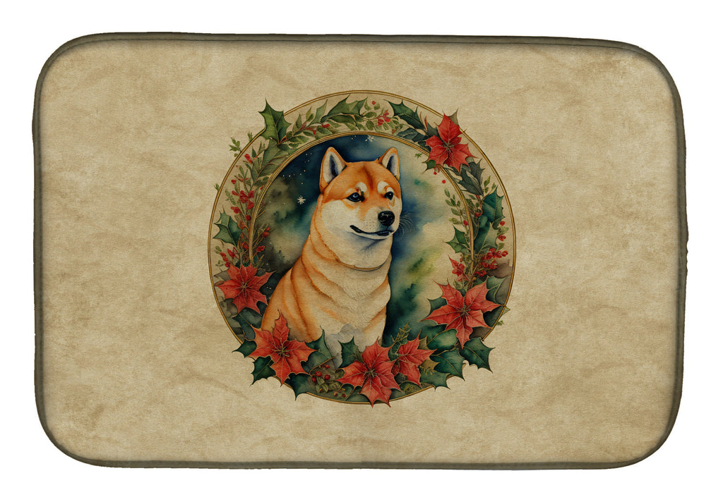 Shiba Inu Christmas Flowers Dish Drying Mat Absorbent Dish Drying Mat Pad for Kitchen Counter Dish Drainer Mat for Countertop, 14 x 21", Multicolor