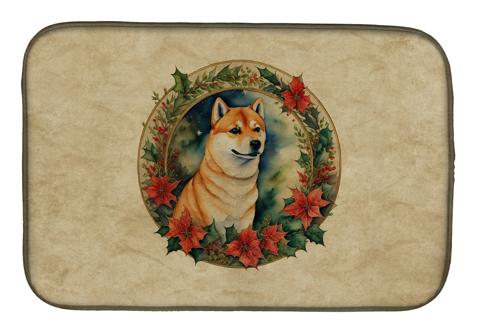 Shiba Inu Christmas Flowers Dish Drying Mat Absorbent Dish Drying Mat Pad for Kitchen Counter Dish Drainer Mat for Countertop, 14 x 21", Multicolor