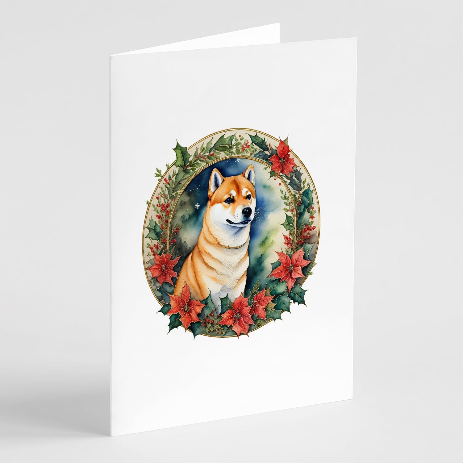 Shiba Inu Christmas Flowers Greeting Cards Pack of 8 Blank Cards with Envelopes Whimsical A7 Size 5x7