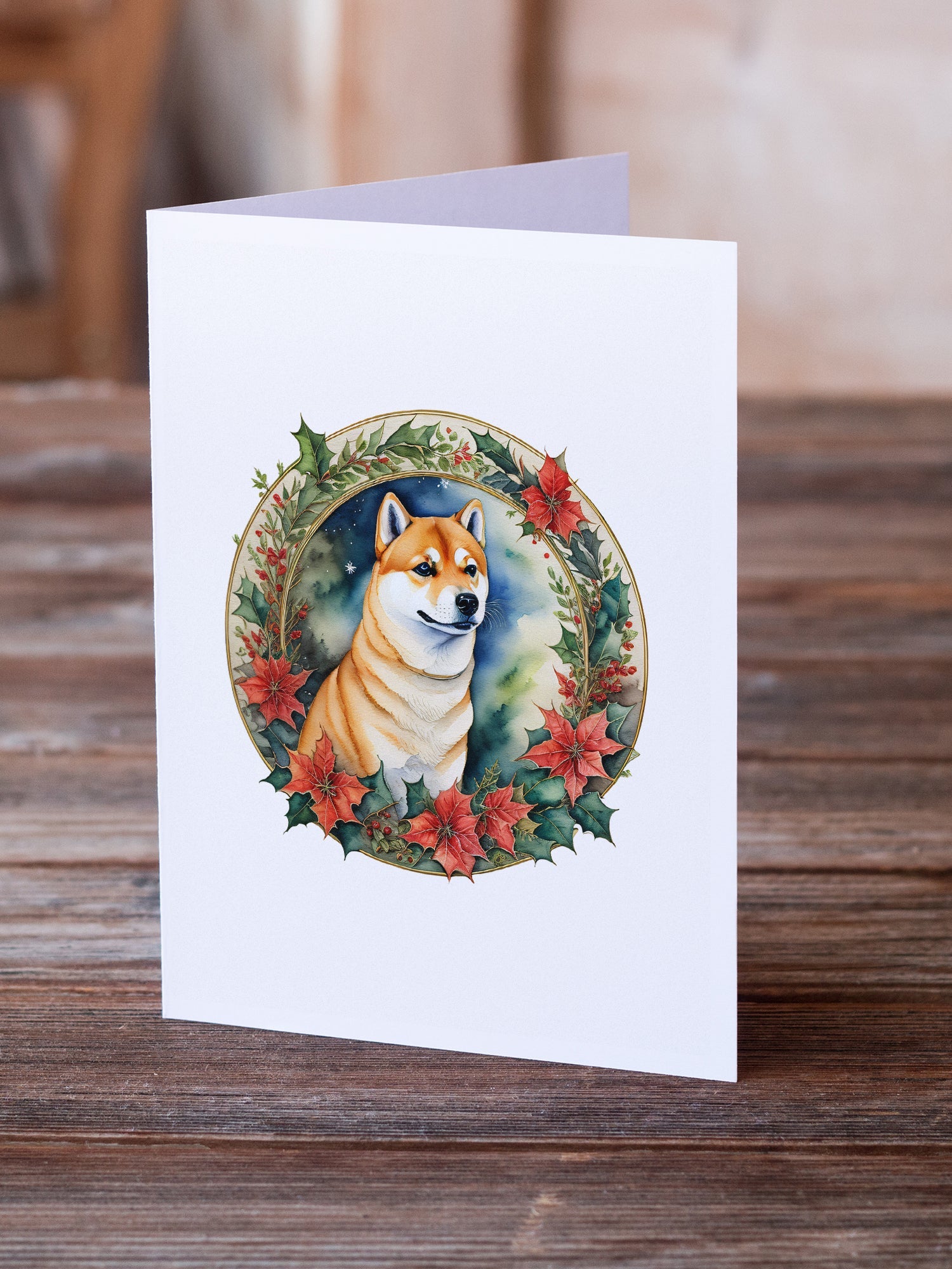 Shiba Inu Christmas Flowers Greeting Cards Pack of 8 Blank Cards with Envelopes Whimsical A7 Size 5x7
