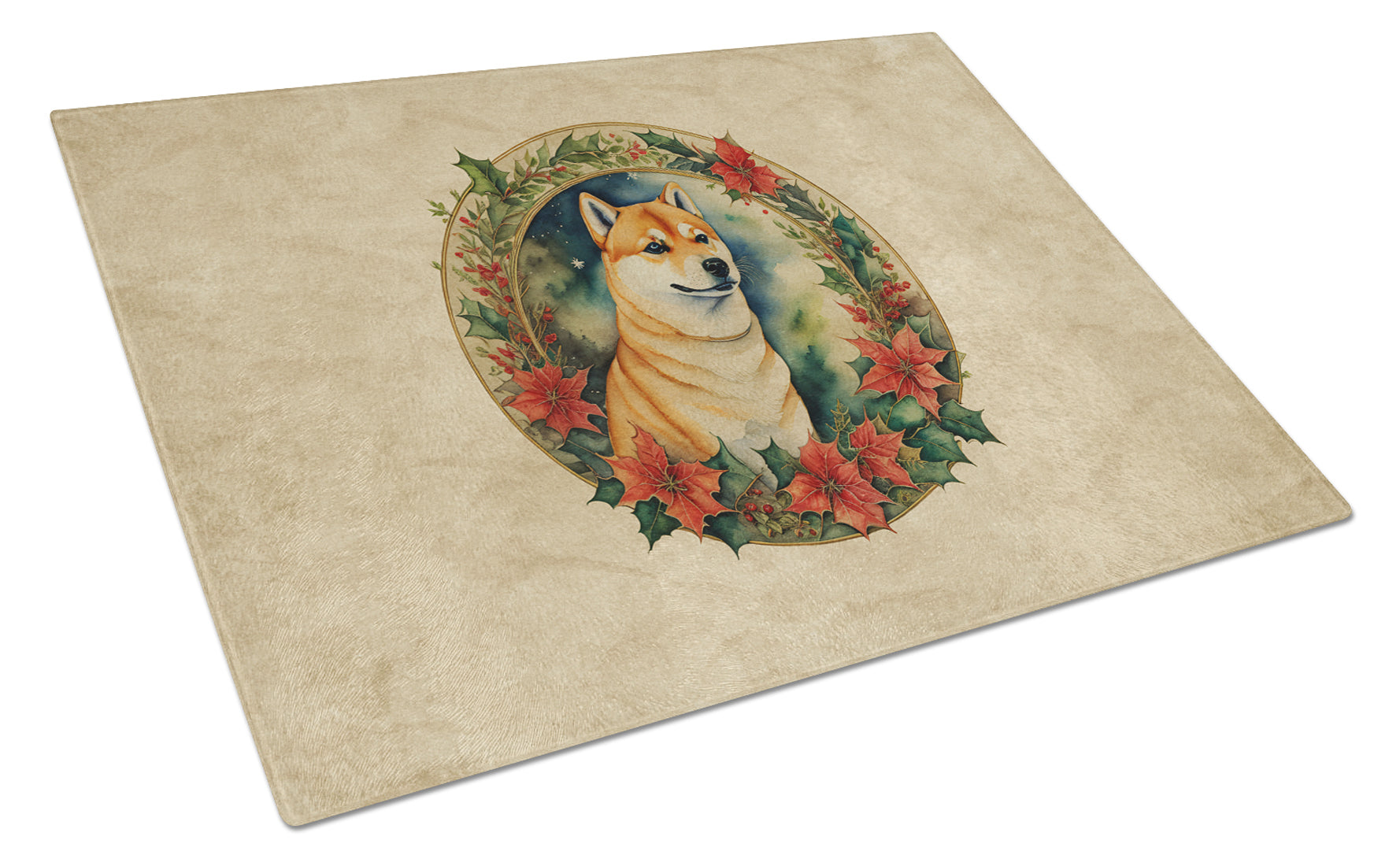 Shiba Inu Christmas Flowers Cutting Board Tempered Glass Kitchen Cutting Surface, Heat Resistant Chopping, Non-Slip Feet, Food Prep & Serving