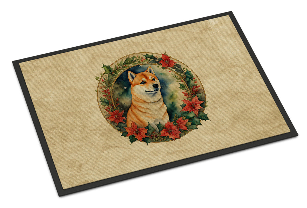 Shiba Inu Christmas Flowers Doormat Indoor Outdoor 18H X 27W Front Door Mat Rugs for Entryway, Non Slip Washable