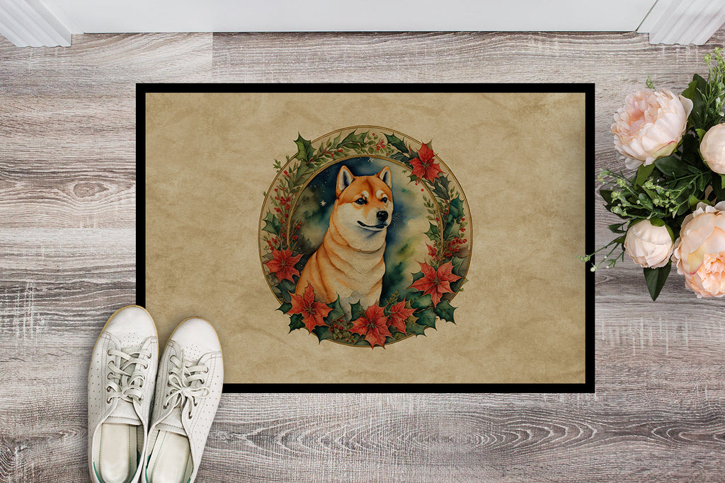 Shiba Inu Christmas Flowers Doormat Indoor Outdoor 18H X 27W Front Door Mat Rugs for Entryway, Non Slip Washable