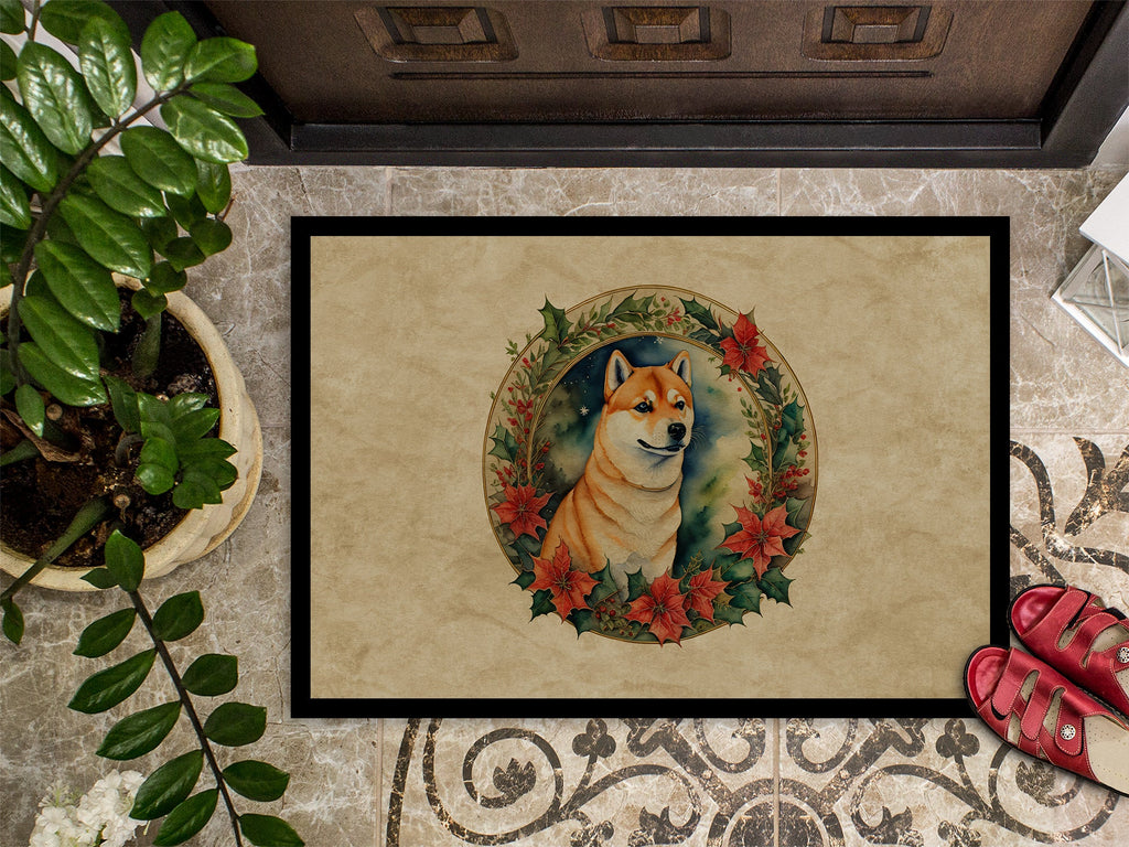 Shiba Inu Christmas Flowers Doormat Indoor Outdoor 18H X 27W Front Door Mat Rugs for Entryway, Non Slip Washable
