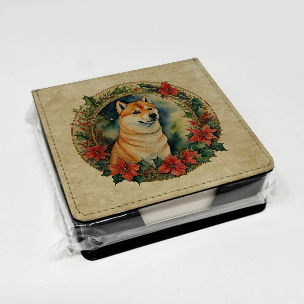 Shiba Inu Christmas Flowers PU Leather Note Paper Holder with Artist-Designed Cover, Desk Accessory, Office Gift