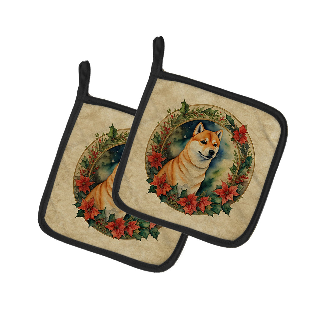 Shiba Inu Christmas Flowers Pot Holder Set of 2 Heat Resistant Quilted Hot Pads 7.5 x 7.5 Inch, Insulated Kitchen Trivets for Cooking & Baking