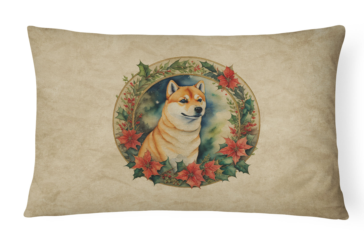 Shiba Inu Christmas Flowers Decorative Throw Pillow 12x16 Indoor Outdoor Accent Cushion, Fabric Cover with Insert for Sofa, Bed, Porch & Living Room