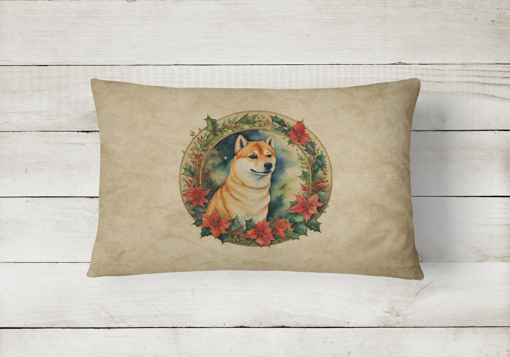 Shiba Inu Christmas Flowers Decorative Throw Pillow 12x16 Indoor Outdoor Accent Cushion, Fabric Cover with Insert for Sofa, Bed, Porch & Living Room