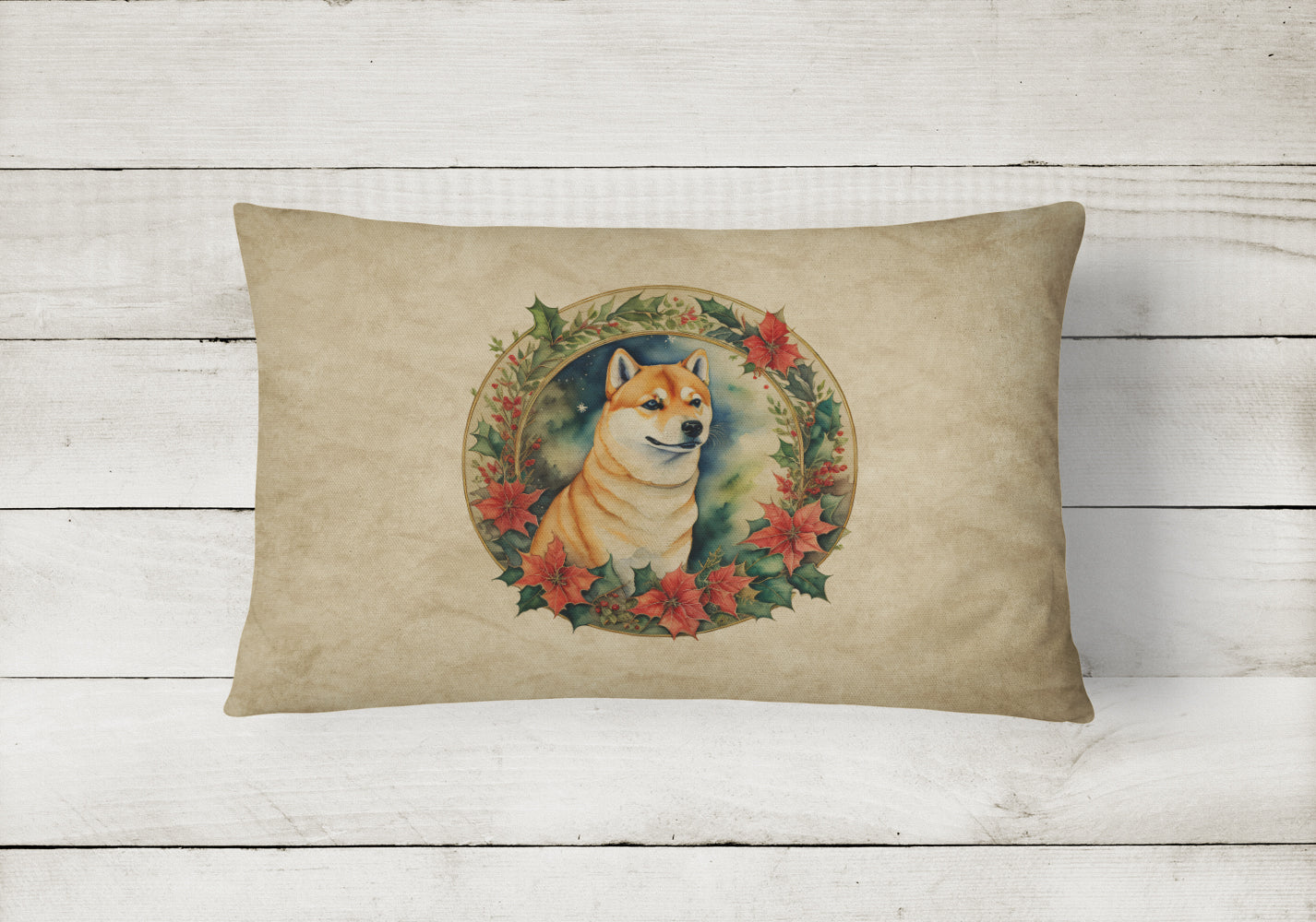Shiba Inu Christmas Flowers Decorative Throw Pillow 12x16 Indoor Outdoor Accent Cushion, Fabric Cover with Insert for Sofa, Bed, Porch & Living Room