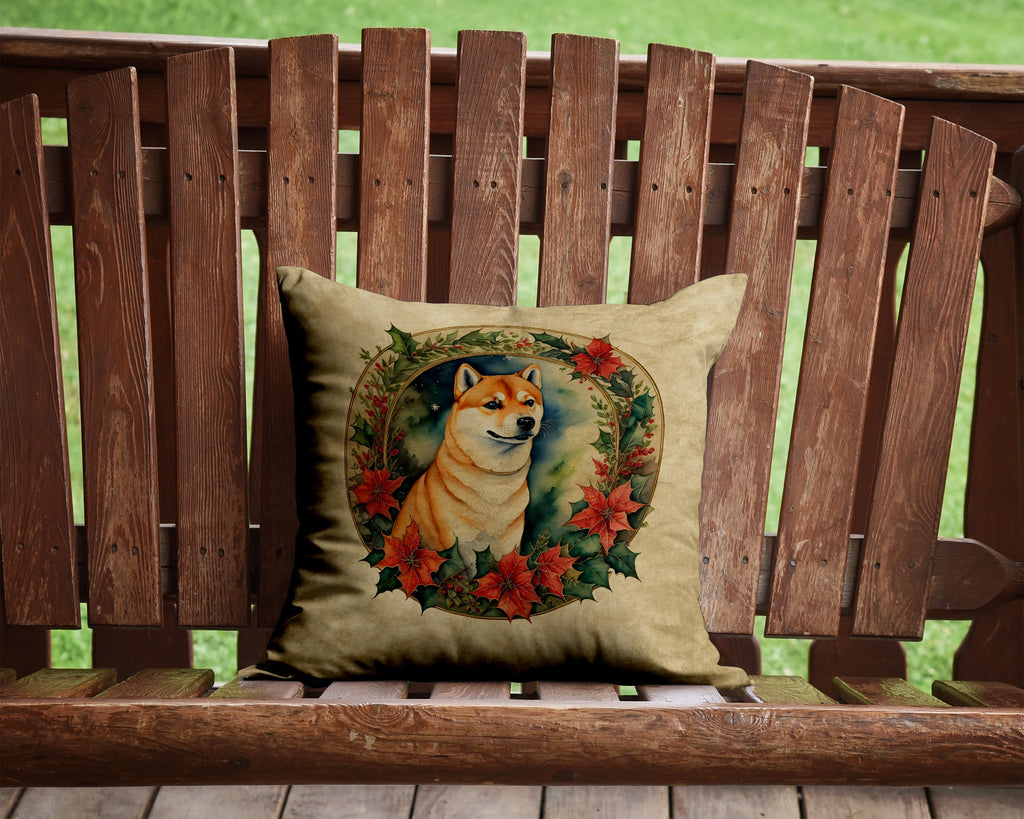 Shiba Inu Christmas Flowers Decorative Throw Pillow 14x14 Indoor Outdoor Accent Cushion, Fabric Cover with Insert for Sofa, Bed, Porch & Living Room