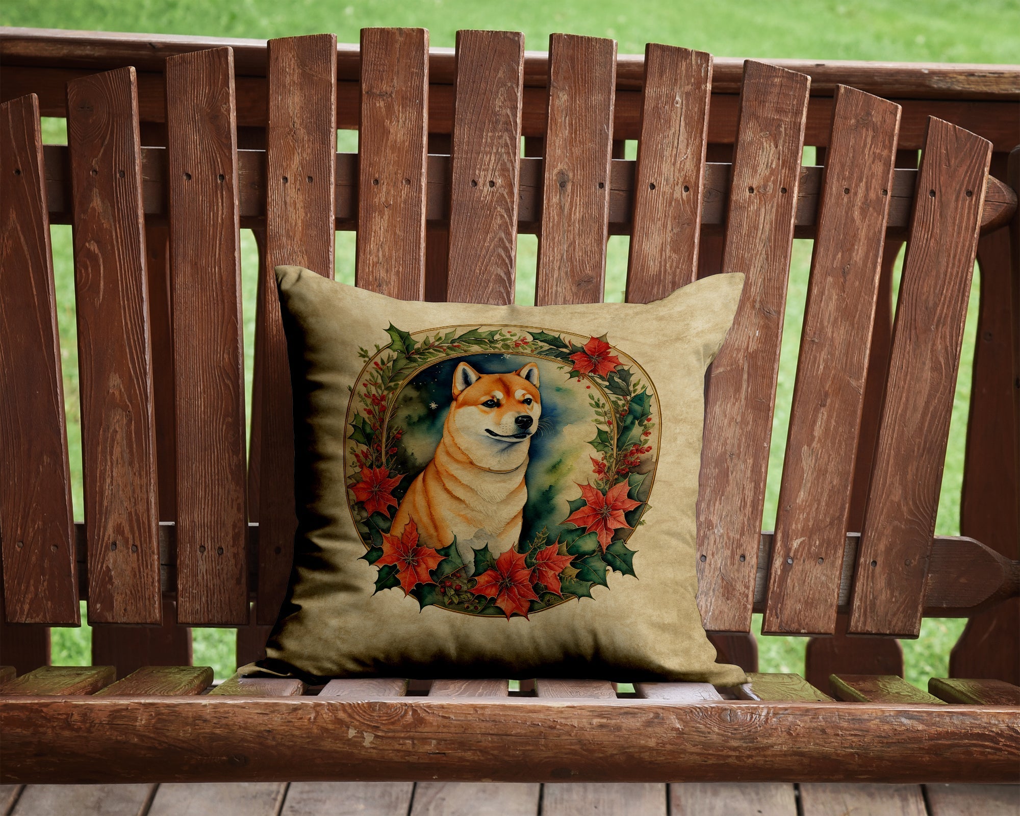 Shiba Inu Christmas Flowers Decorative Throw Pillow 14x14 Indoor Outdoor Accent Cushion, Fabric Cover with Insert for Sofa, Bed, Porch & Living Room