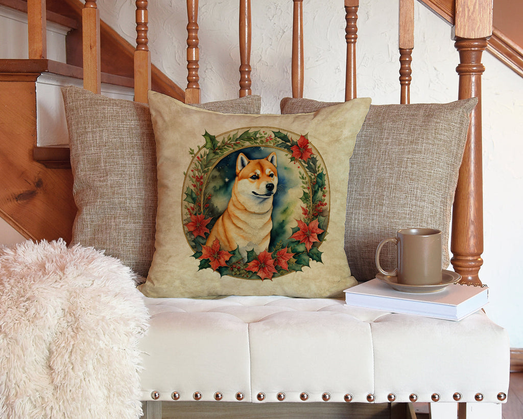Shiba Inu Christmas Flowers Decorative Throw Pillow 14x14 Indoor Outdoor Accent Cushion, Fabric Cover with Insert for Sofa, Bed, Porch & Living Room