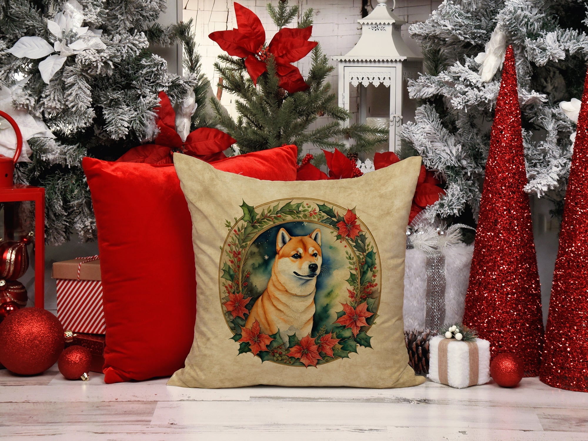 Shiba Inu Christmas Flowers Decorative Throw Pillow 18x18 Indoor Outdoor Accent Cushion, Fabric Cover with Insert for Sofa, Bed, Porch & Living Room