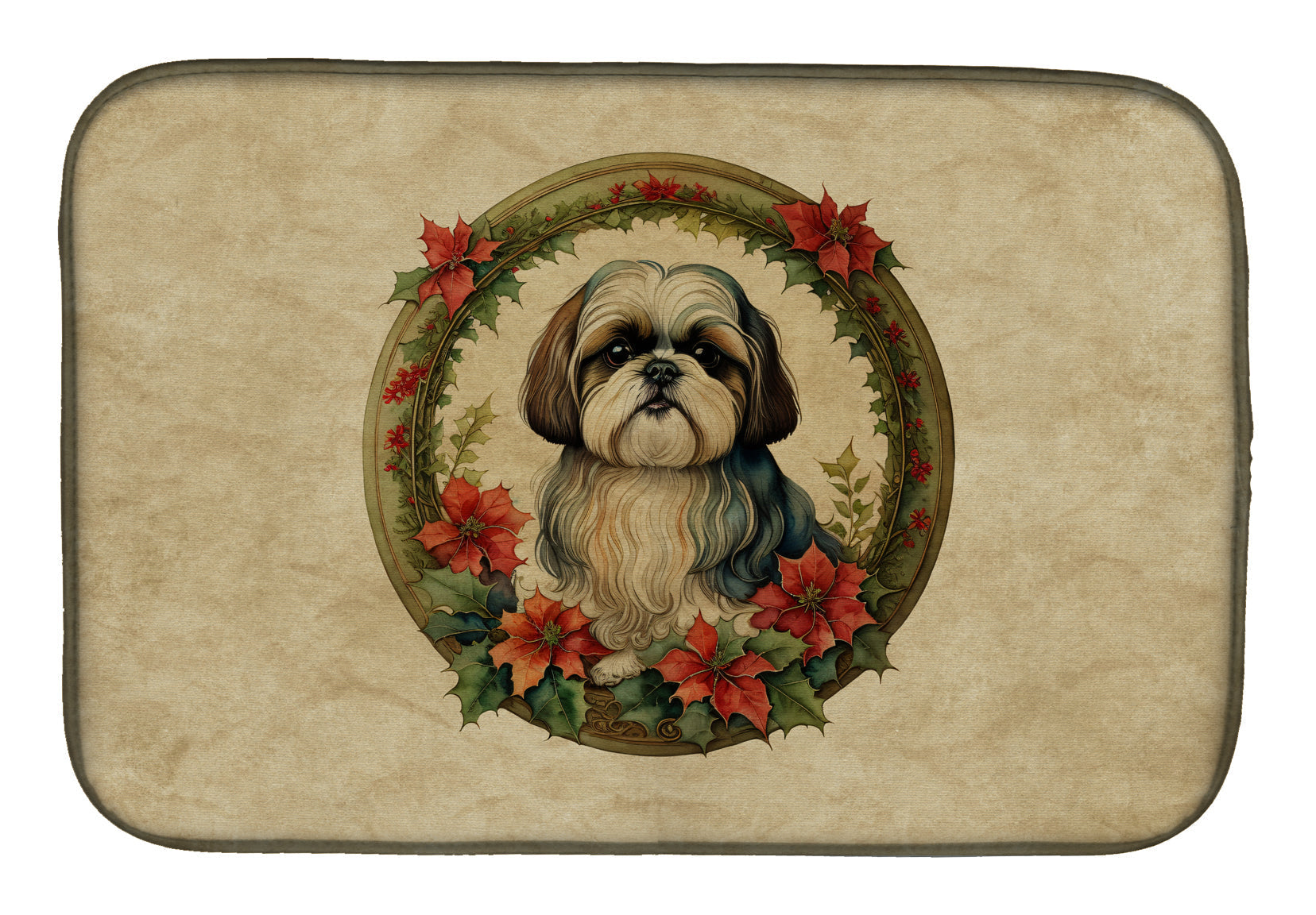 Shih Tzu Christmas Flowers Dish Drying Mat Absorbent Dish Drying Mat Pad for Kitchen Counter Dish Drainer Mat for Countertop, 14 x 21", Multicolor