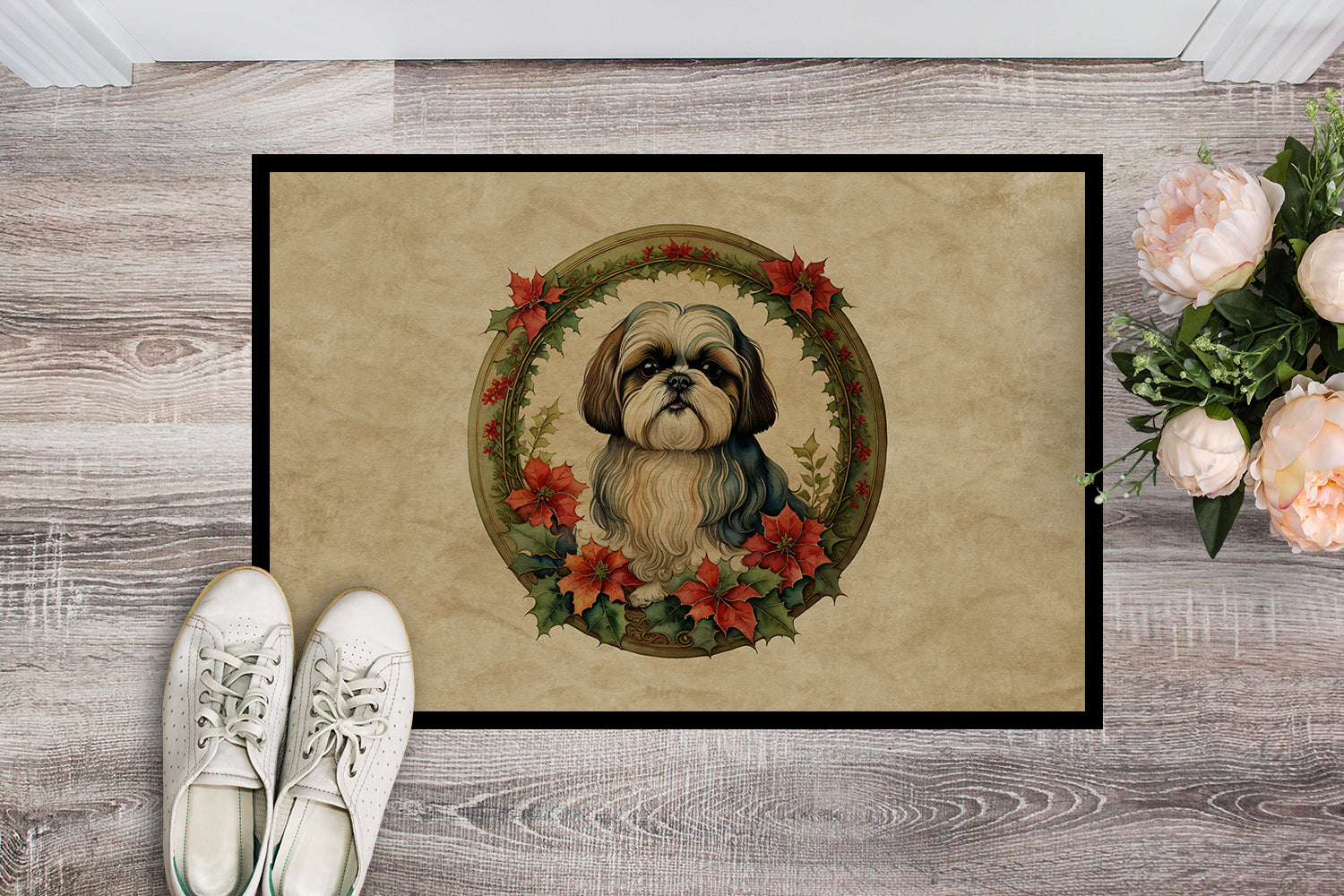 Shih Tzu Christmas Flowers Doormat Indoor Outdoor 24H X 36W Front Door Mat Rugs for Entryway, Non Slip Washable Low Pile,