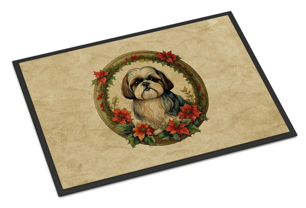 Shih Tzu Christmas Flowers Doormat Indoor Outdoor 18H X 27W Front Door Mat Rugs for Entryway, Non Slip Washable