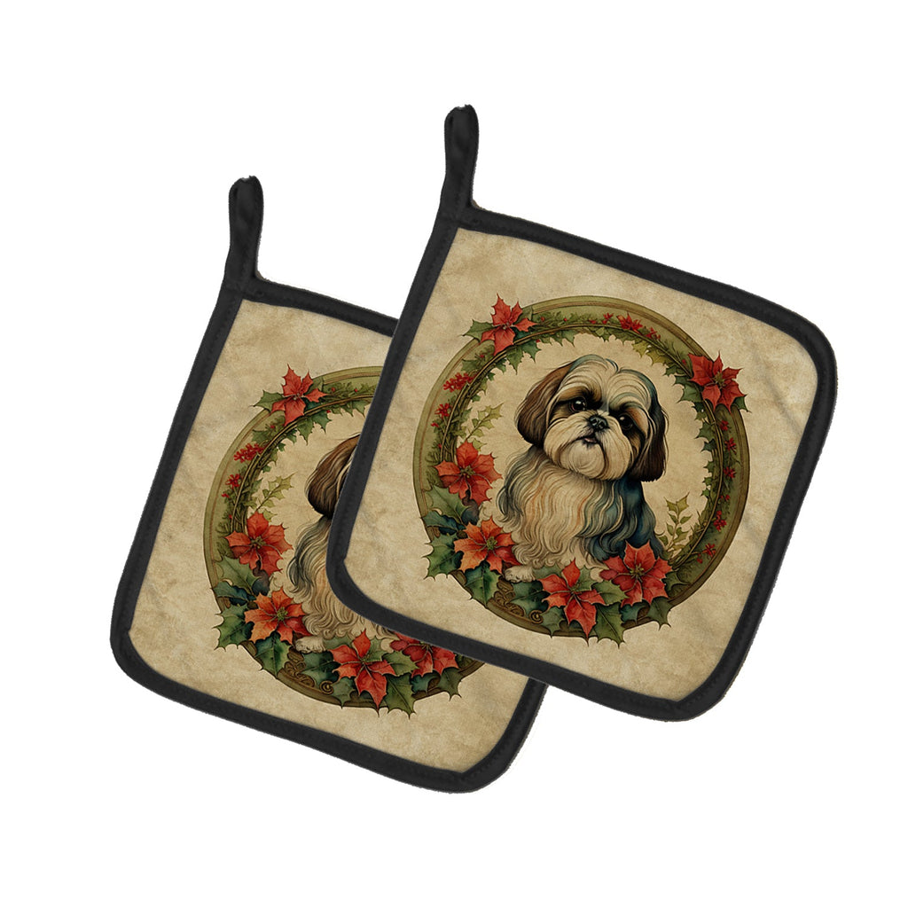 Shih Tzu Christmas Flowers Pot Holder Set of 2 Heat Resistant Quilted Hot Pads 7.5 x 7.5 Inch, Insulated Kitchen Trivets for Cooking & Baking