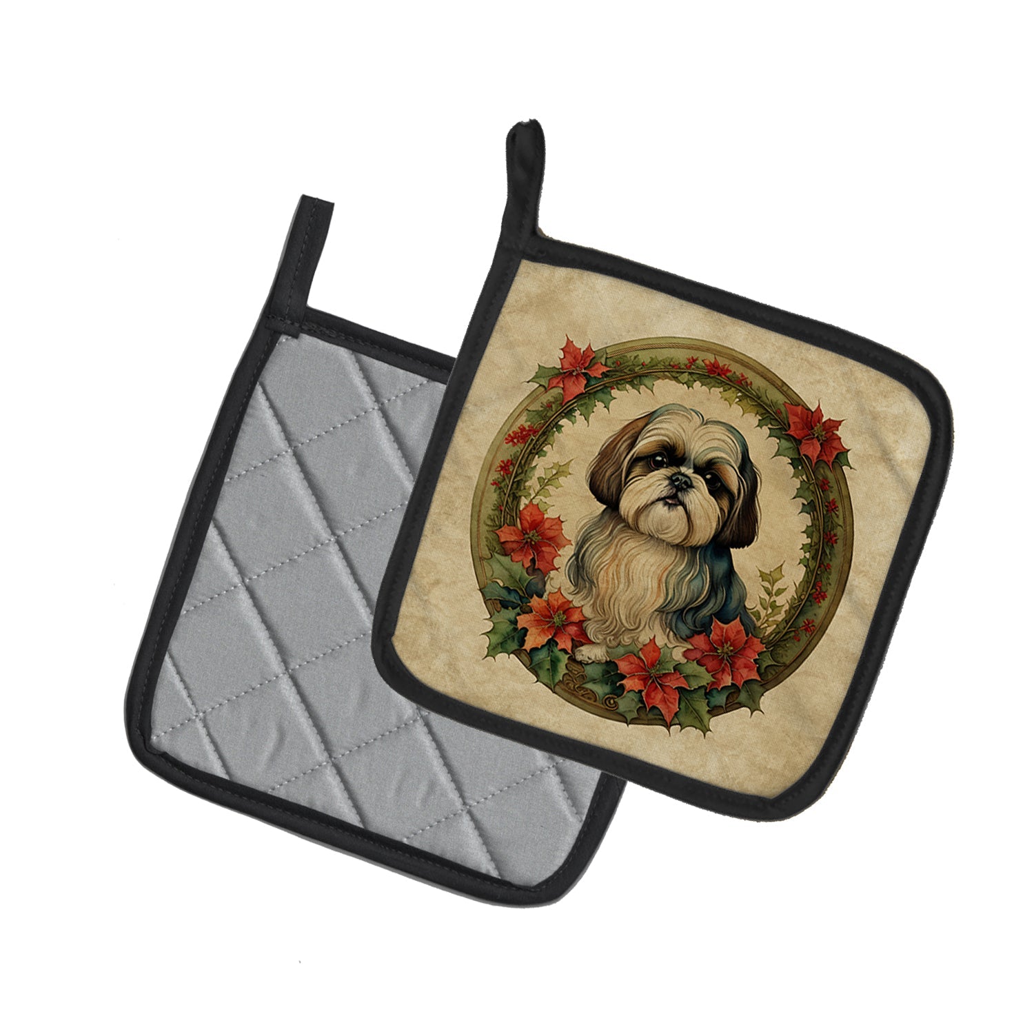 Shih Tzu Christmas Flowers Pot Holder Set of 2 Heat Resistant Quilted Hot Pads 7.5 x 7.5 Inch, Insulated Kitchen Trivets for Cooking & Baking
