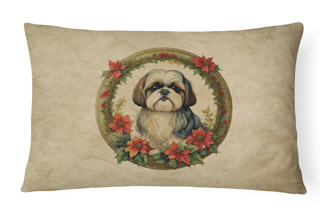 Shih Tzu Christmas Flowers Decorative Throw Pillow 12x16 Indoor Outdoor Accent Cushion, Fabric Cover with Insert for Sofa, Bed, Porch & Living Room