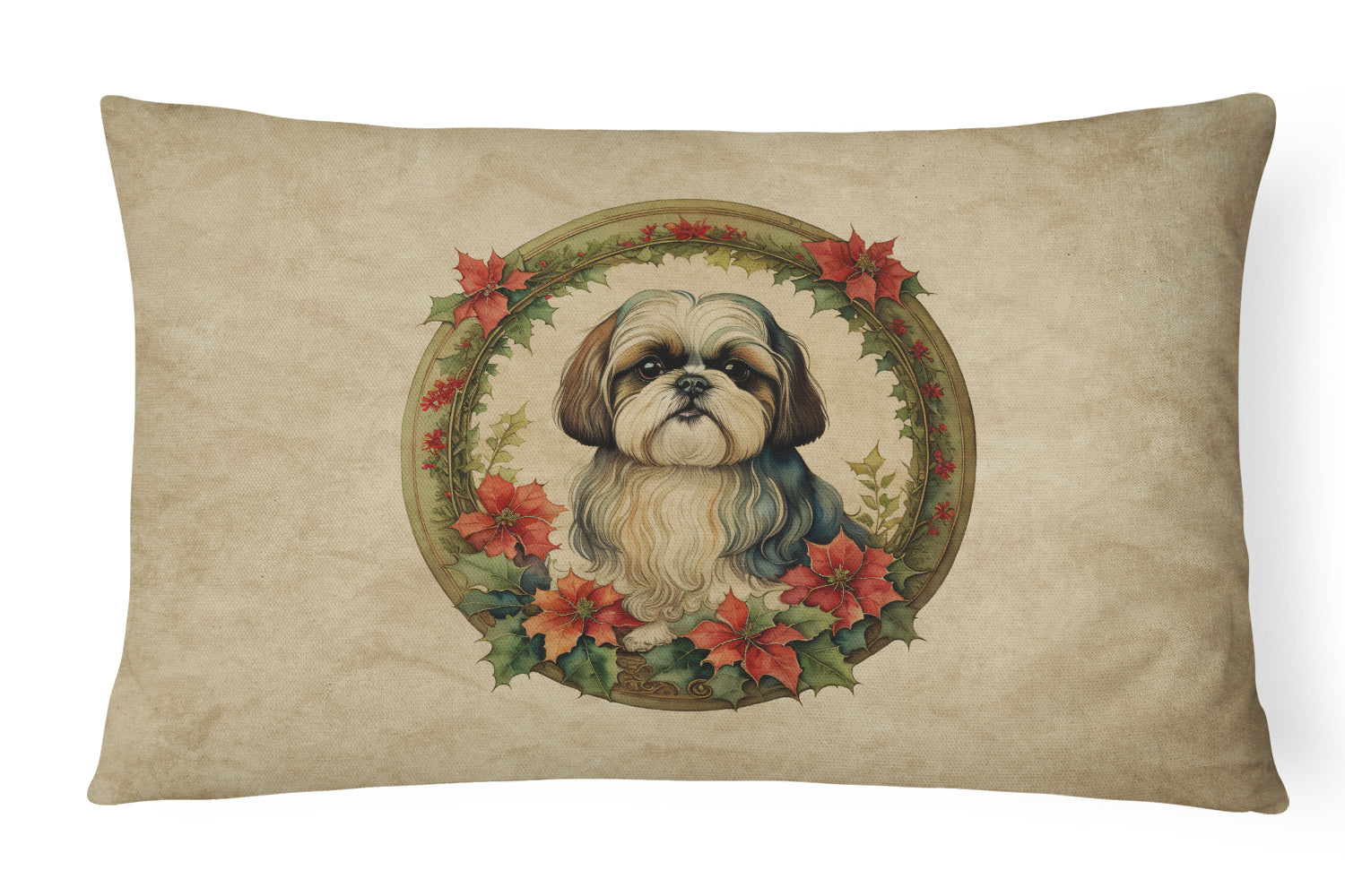 Shih Tzu Christmas Flowers Decorative Throw Pillow 12x16 Indoor Outdoor Accent Cushion, Fabric Cover with Insert for Sofa, Bed, Porch & Living Room