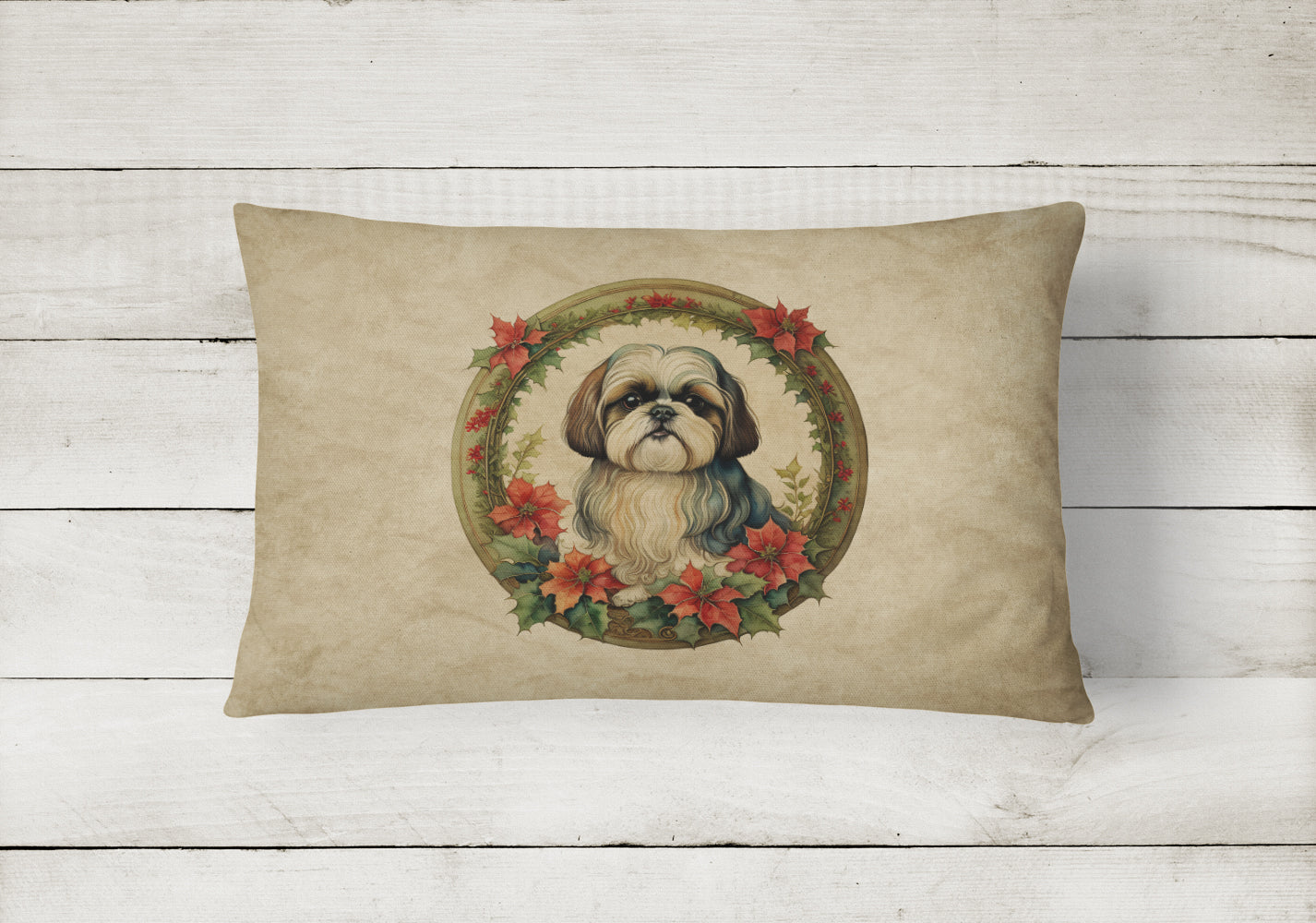 Shih Tzu Christmas Flowers Decorative Throw Pillow 12x16 Indoor Outdoor Accent Cushion, Fabric Cover with Insert for Sofa, Bed, Porch & Living Room