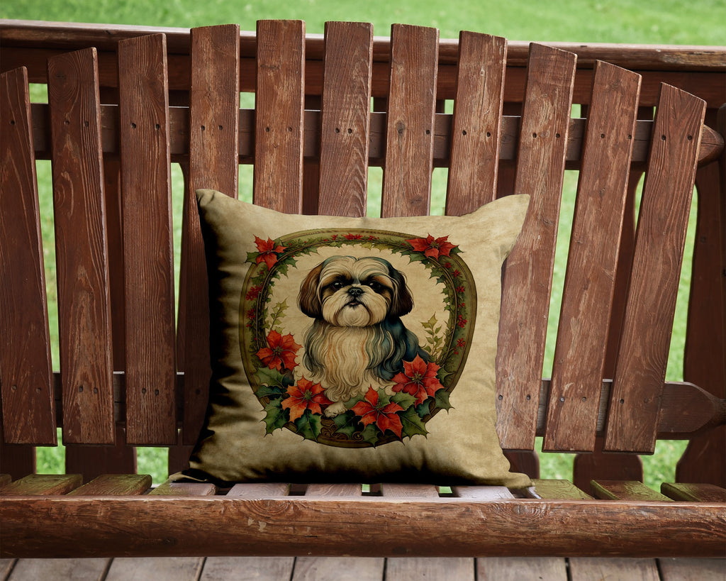 Shih Tzu Christmas Flowers Decorative Throw Pillow 14x14 Indoor Outdoor Accent Cushion, Fabric Cover with Insert for Sofa, Bed, Porch & Living Room