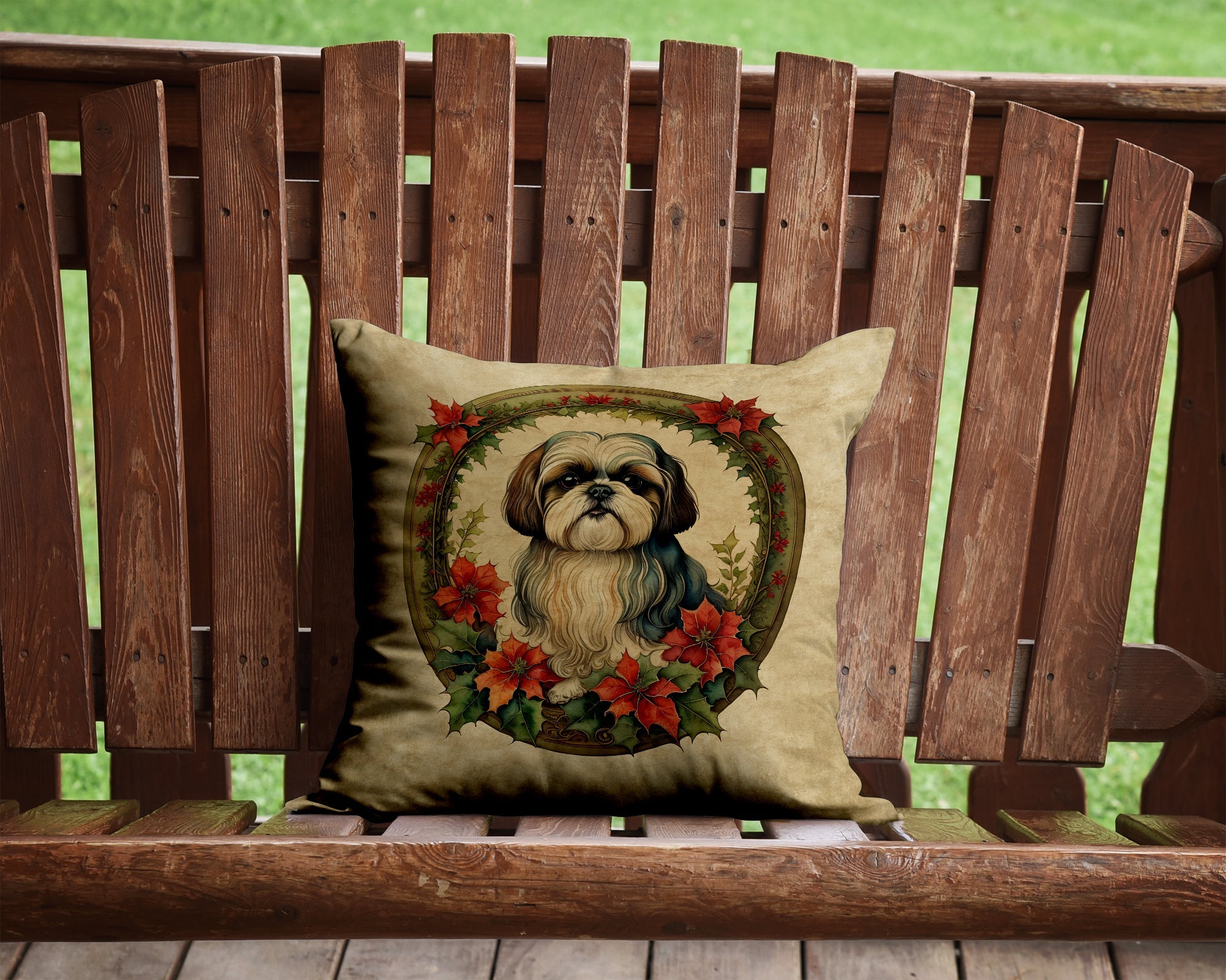 Shih Tzu Christmas Flowers Decorative Throw Pillow 14x14 Indoor Outdoor Accent Cushion, Fabric Cover with Insert for Sofa, Bed, Porch & Living Room