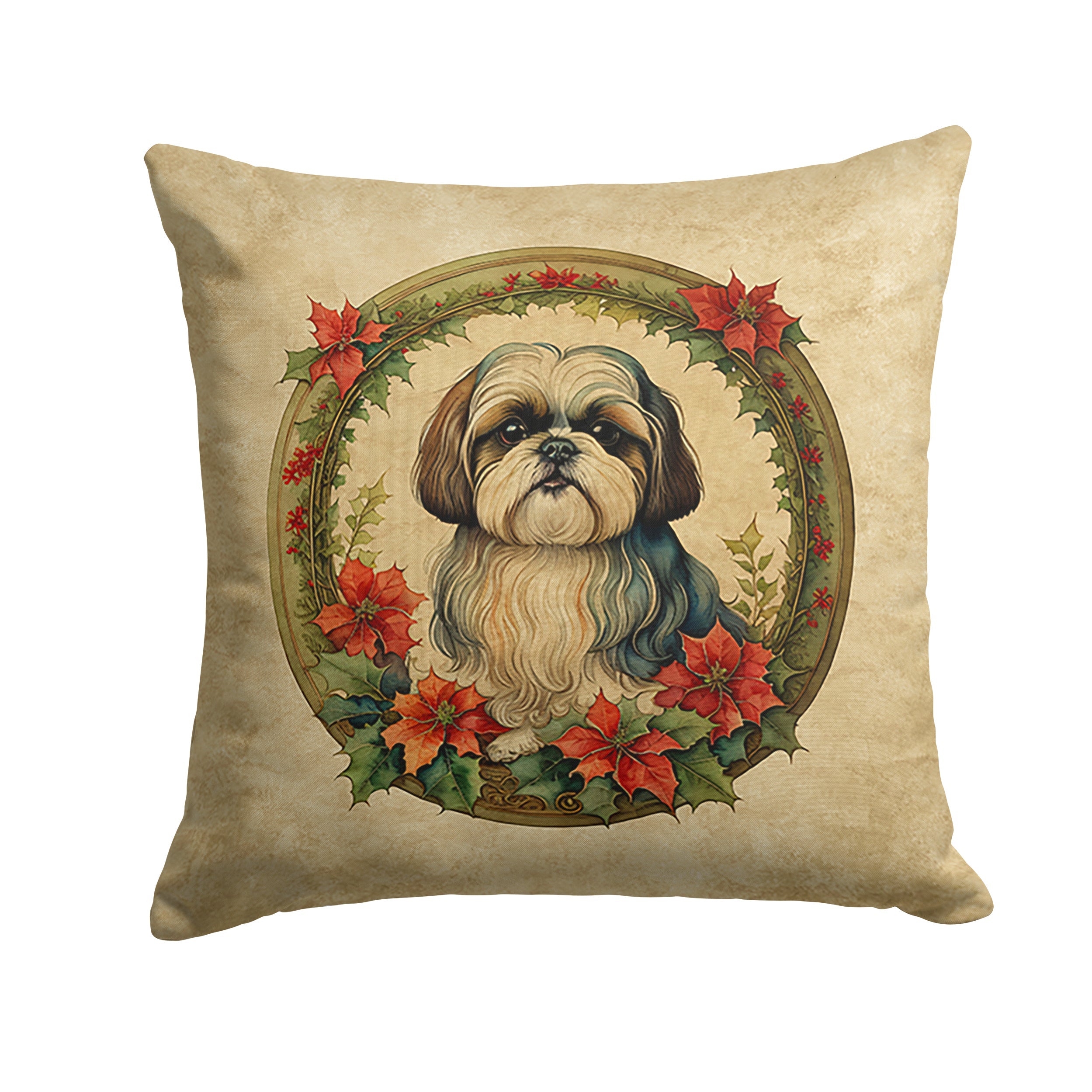 Shih Tzu Christmas Flowers Decorative Throw Pillow 18x18 Indoor Outdoor Accent Cushion, Fabric Cover with Insert for Sofa, Bed, Porch & Living Room