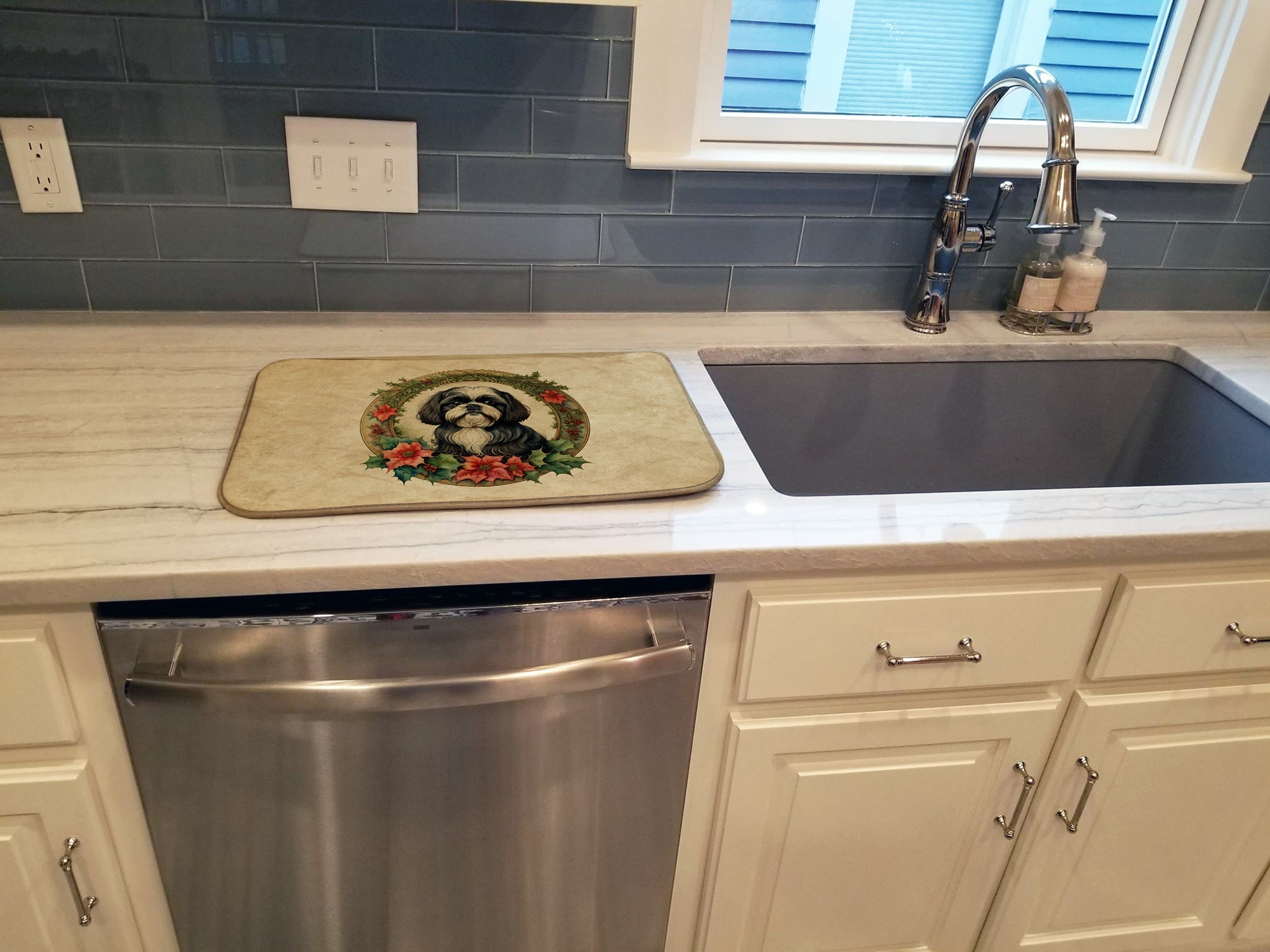 Shih Tzu Christmas Flowers Dish Drying Mat Absorbent Dish Drying Mat Pad for Kitchen Counter Dish Drainer Mat for Countertop, 14 x 21", Multicolor
